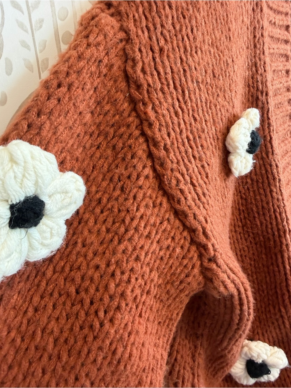 Maeve Anthropologie Chunky 3D Flower Knit Cardigan Sweater Terracotta One Size - Picture 6 of 11